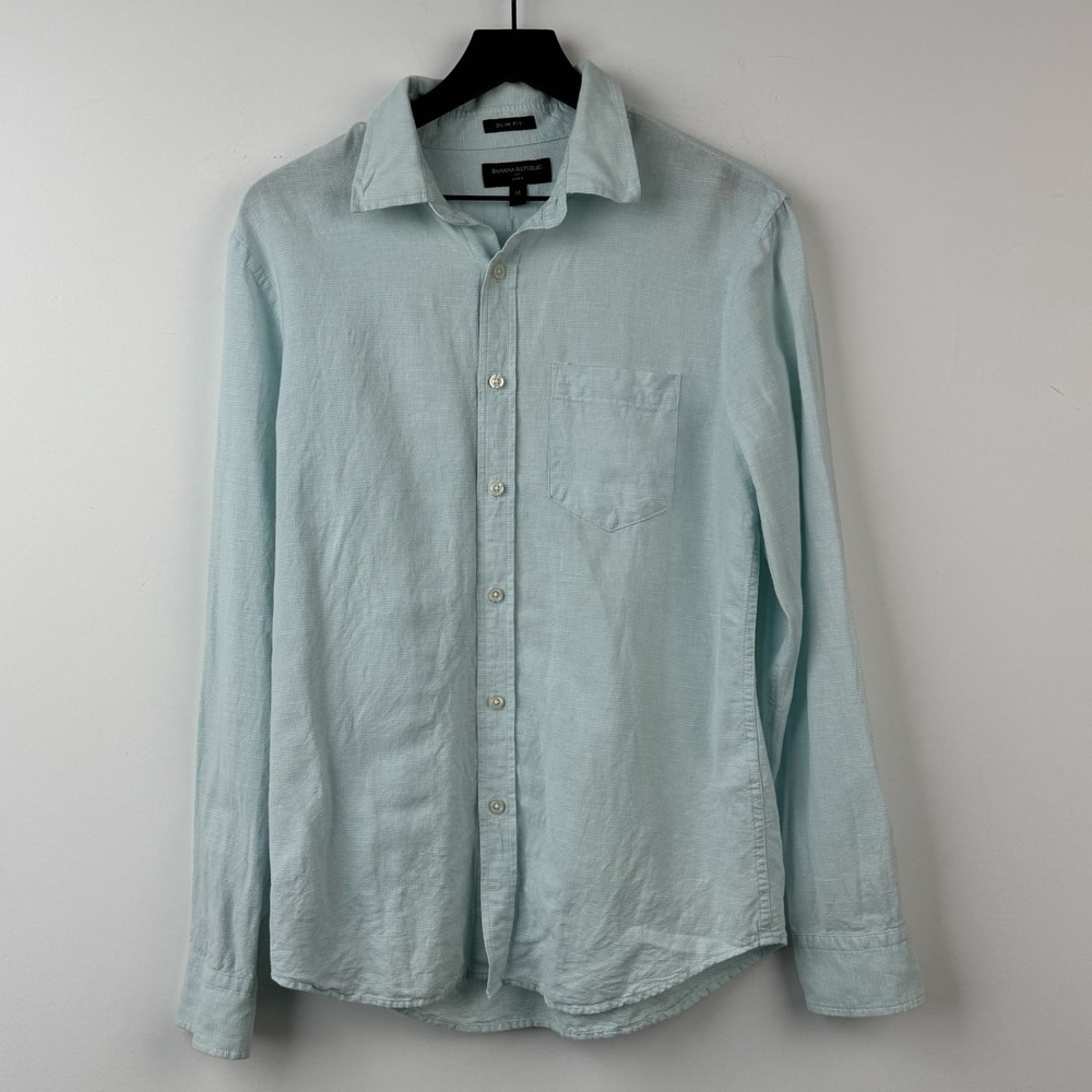Banana Republic Button Up Shirt Mens M Green Linen Blend Vacation Long Sleeve